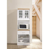 Hodedah Long Standing Kitchen Cabinet with Top and Bottom Enclosed Cabinet Space, One Drawer, Large Open Space for Microwave, White Hodedah
