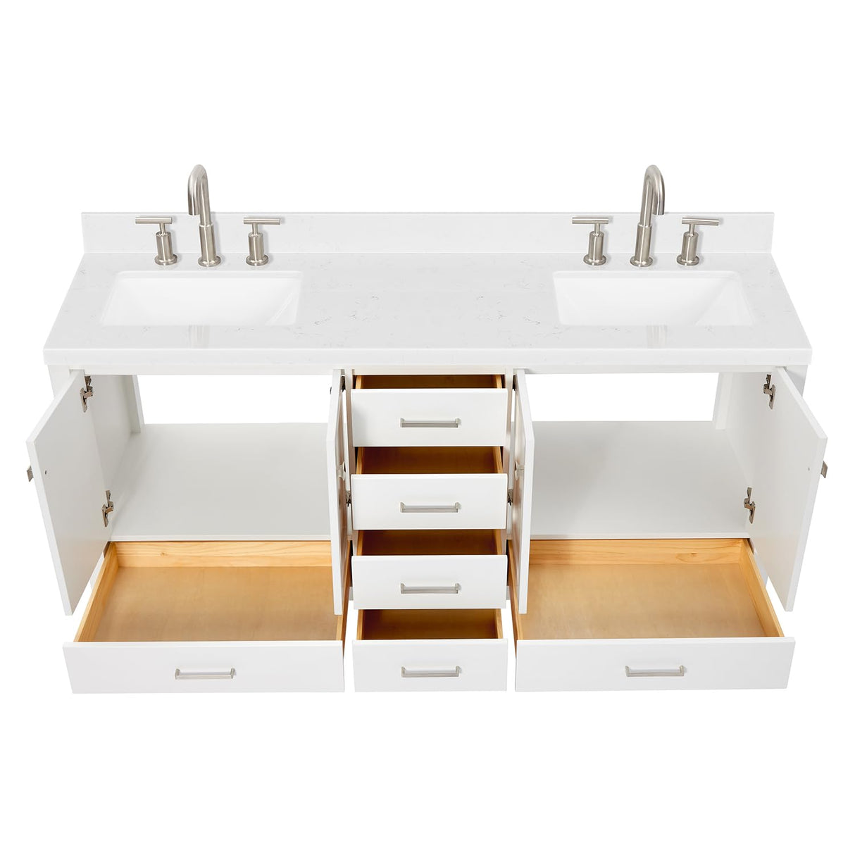 ARIEL Cambridge 72" White Double Vanity, 1.5" Edge Carrara White Quartz Countertop & Splash, Rectangular Sinks, 4 Soft Closing Doors, 6 Full Extension Dovetail Drawers, Brushed Nickel ARIEL