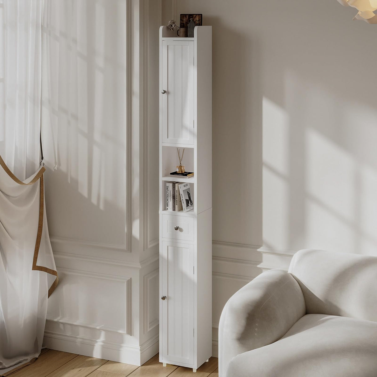 ChooChoo Narrow Bathroom Storage Cabinet with Adjustable Shelves, Tall Storage Cabinet with 2 Doors and 1 Drawer, Freestanding Cupboard for Small Spaces, White ChooChoo