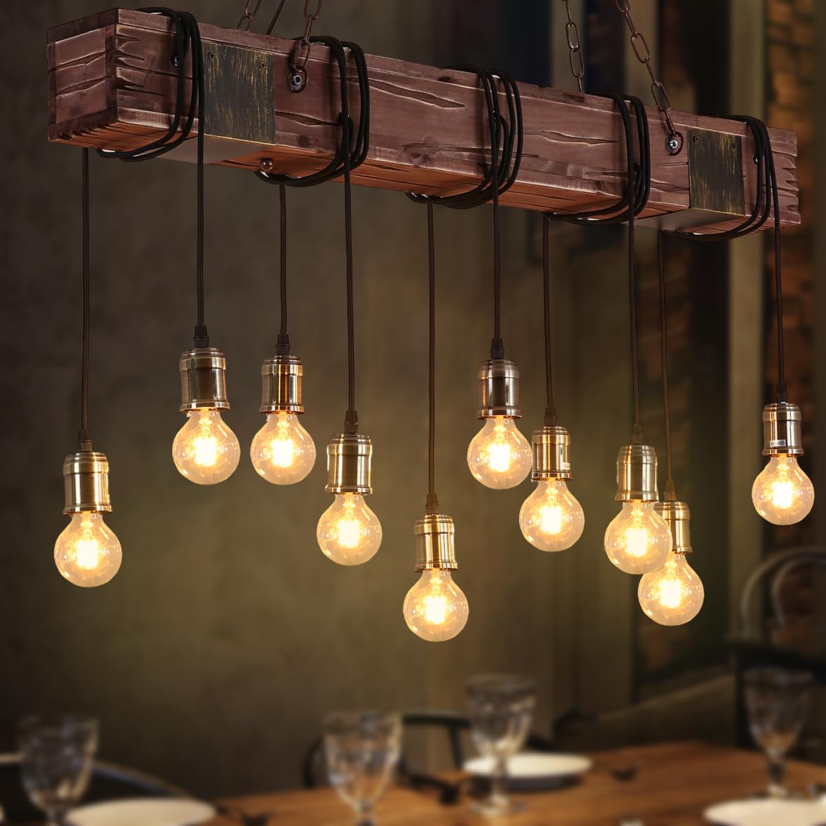 Rustic Chandelier Farmhouse Wood Beam Hanging Industrial Pendant Lighting Vintage Ceiling Light Fixture 10 Heads for Dining Table Kitchen Island Bar Coffee Billiard Pool Table (10 Heads) - WoodArtSupply