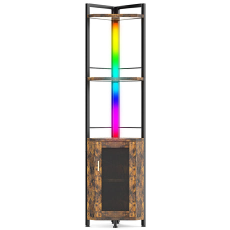 TARKARI RGB Light bar Iron Wood Corner Shelf Stand Tall Book Shelf Decor bar Cabinet with Doors for Liquor Display Corner Shelves Standing for Living Room TARKARI
