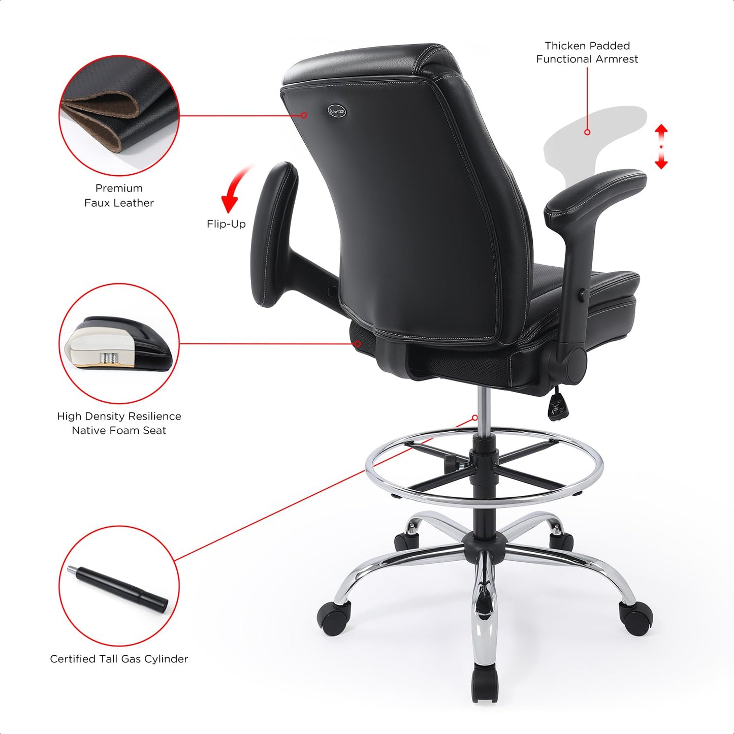 Ergonomic Mid-Back Premium Faux Leather Adjustable Drafting Chair with Multi-Function Arms and Foot Ring, Standing-Desk Matched Tall Swivel Computer Office Stool, Black