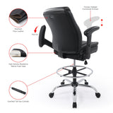 Ergonomic Mid-Back Premium Faux Leather Adjustable Drafting Chair with Multi-Function Arms and Foot Ring, Standing-Desk Matched Tall Swivel Computer Office Stool, Black CHAIRMAN