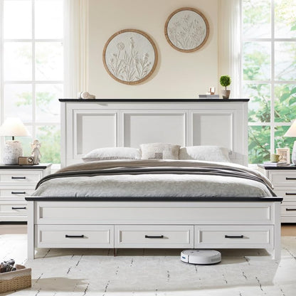 ACCOHOHO Rustic King Size Bed Frame with Tall Full-Panel Headboard and Storage Drawers in Antique White - WoodArtSupply