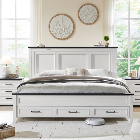 ACCOHOHO Rustic King Size Bed Frame with Tall Full-Panel Headboard and Storage Drawers in Antique White ACCOHOHO