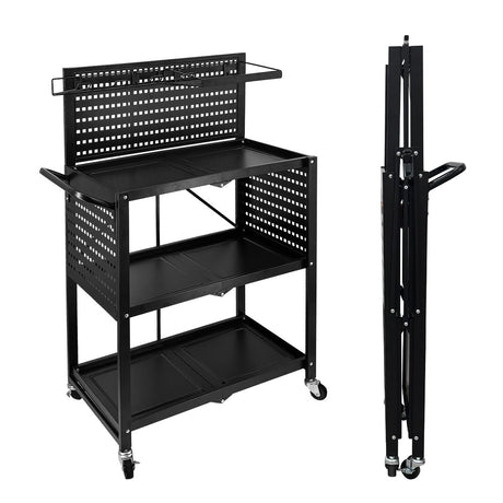 Lumizone 3-Tier Foldable Rolling Tool Cart with Wheels, Utility Cart with Pegboard for Garage Organizer and Tool Storage, Power Tool Storage Cart on Wheels (Tool Cart) lumizone