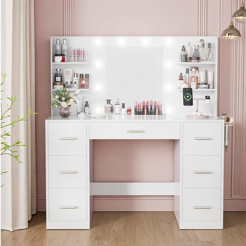 YESHOMY Vanity Desk with Mirror, Power Outlet and 10 Lights, Makeup Table with 7 Drawers, 3 Color Modes Available for Bedroom, Light White YESHOMY