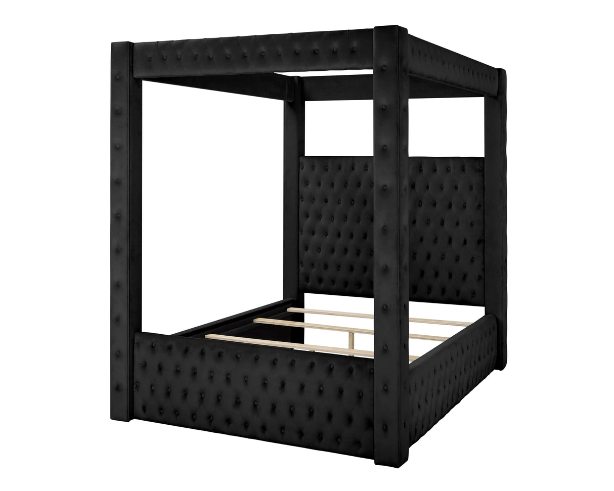 Velvet Canopy Bed Frame King - Upholstered Four Poster Bed Frame with Tufted Headboard and Footboard, Luxury Bed Frame with Wood Slats for Bedroom Furniture, Box Spring Required, Black Wirktive