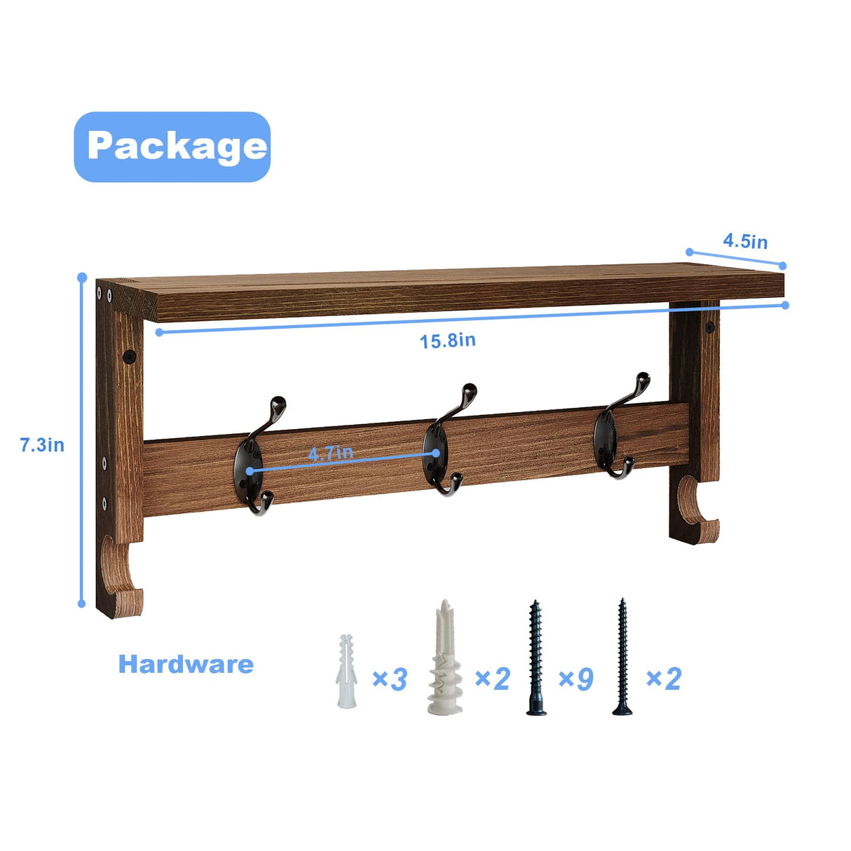 VERTORGAN Wall Hooks with Shelf, Coat Hooks Wood Coat Rack Wall-Mounted, Wall Hooks for Entryway, Living Room, Bathroom (Brown) VERTORGAN