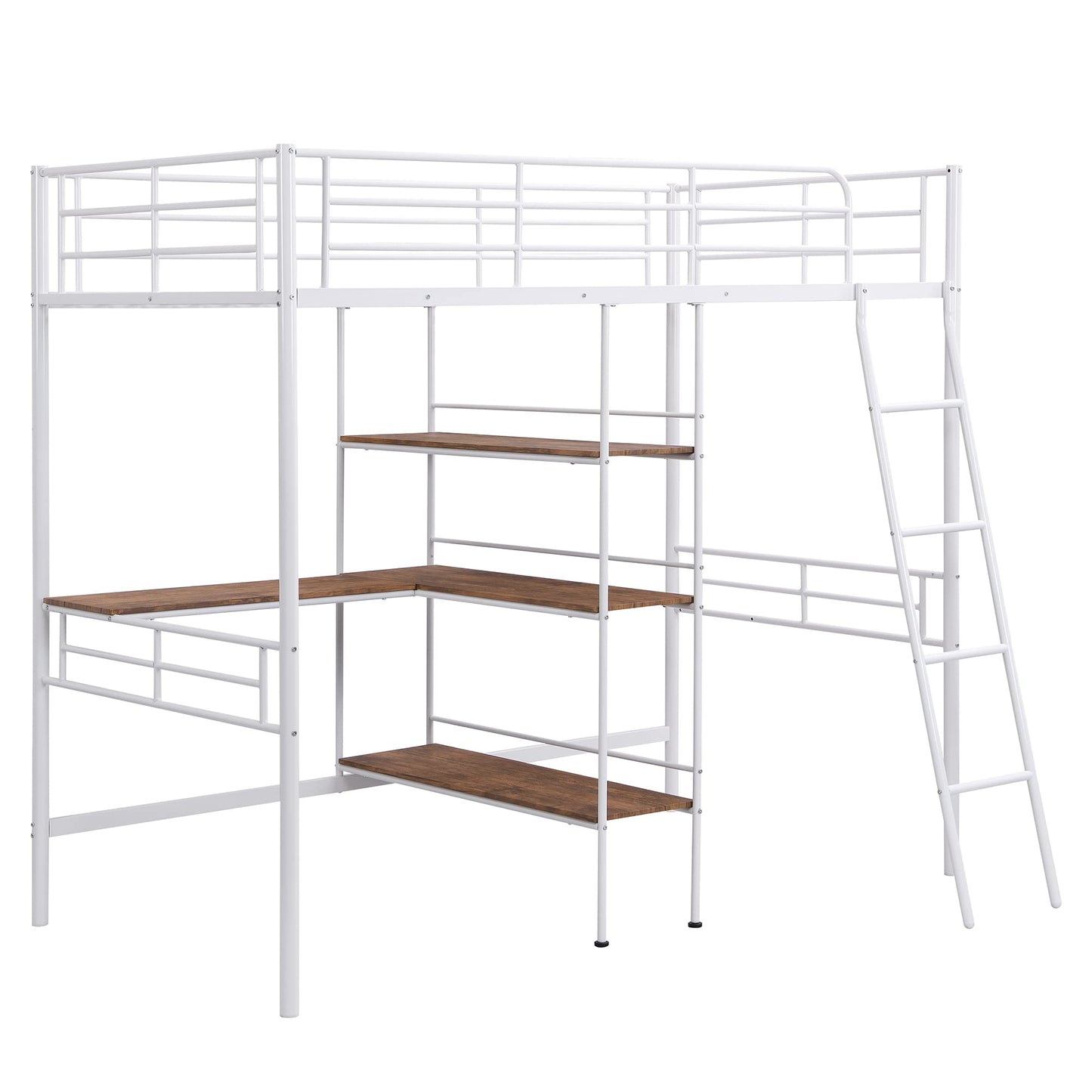 Twin Loft Bed with Desk and Storage, Heavy Duty Loft Bed Twin Size, Twin Size Loft Bed with L-Shaped Desk and Guardrails, Twin Loft Bed for Kids, Girls, Boys(Twin White