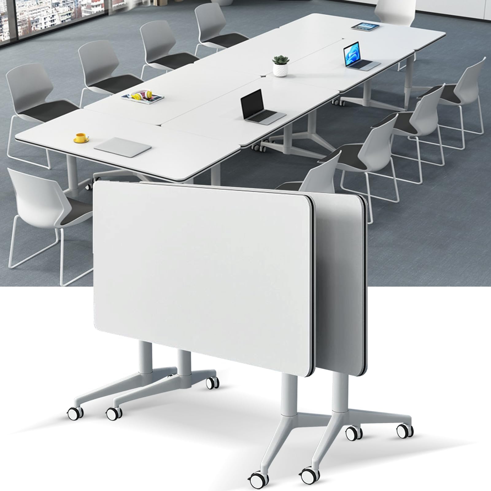 Folding Conference Table, Conference Room Table Flip Top Mobile Meeting Seminar Tables with Wheels, Modern Foldable Office Training Room Table for Home Office Classr (2Pcs 47.2in) - WoodArtSupply