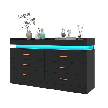 Hlivelood 6 Drawer Dresser with LED Light, Modern Chest of Drawers for Closet, Wide Drawer Organizer Cabinet for Bedroom, Living Room, Entryway, Hallway(Black) Hlivelood