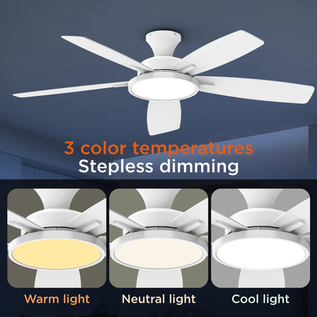 TALOYA 52 inch Ceiling Fans with Lights,Remote Control Multifunctional Quiet Fan with Three Color Temperature and Dimmable Light with Reversible Blades White TALOYA