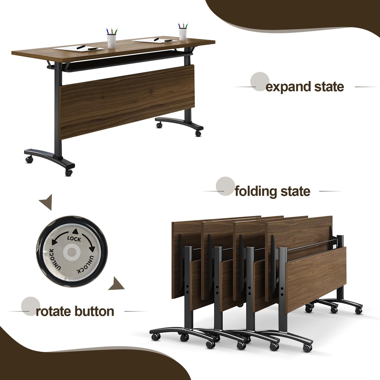 5.3FT Folding Conference Table with Lockable Wheels-Mobile Conference Room Table Foldable Meeting Table for Office Home Classroom Seminar Rooms-Durable,Space-Saving Design,Seats 2-10 People ( - WoodArtSupply