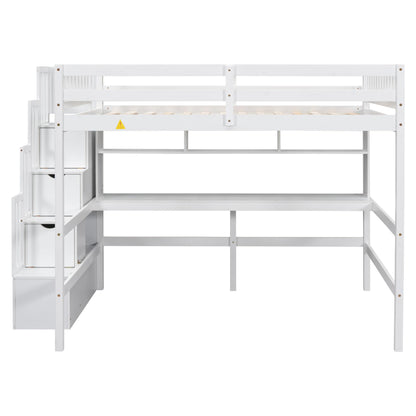 Full Size White Loft Bed with Desk, Storage Stairs & Guardrails for Kids and Teens - WoodArtSupply