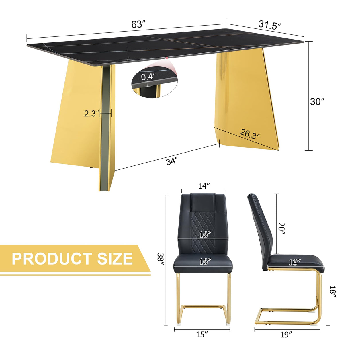 TesNus 7 Pieces Dining Table Set,63" Marble Kitchen Room Table with 6 Black Chairs,Rectangle Sintered Stone Top with Gold Legs,Large Dining Set for 6 Person for Kitchen Dining Room TesNus