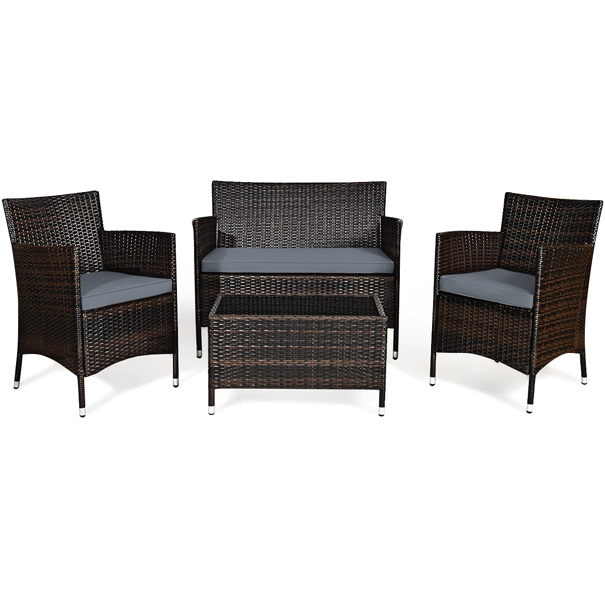 Goplus 4-Piece Rattan Patio Set, Outdoor/Indoor Wicker Conversation Set for Pool, Backyard, Lawn, Wicker Chairs and Sofa with Soft Cushion, Rattan Furniture with Tempered Glass Coffee Table Goplus