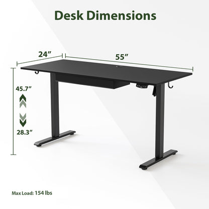 Agilestic Adjustable Height Electric Standing Desk with Storage Wooden Drawer, 55 x 24 Inches Stand Up Home Office Computer Gaming Table for Work Office Home, Black