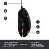 Logitech G203 Wired Gaming Mouse, 8,000 DPI, Rainbow Optical Effect LIGHTSYNC RGB, 6 Programmable Buttons, On-Board Memory, Screen Mapping, PC/Mac Computer and Laptop Compatible - Black Logitech G