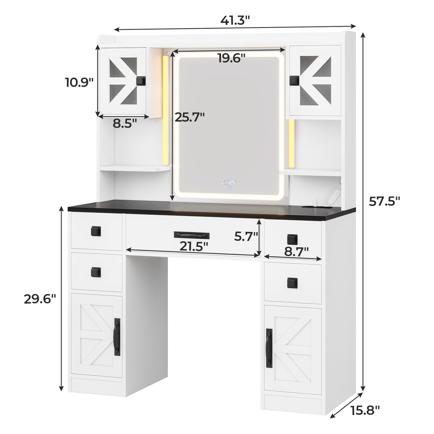 Tiptiper Farmhouse Vanity with Touch Screen Mirror & Time Display, Large Makeup Vanity with Charging Station, Vanity Desk with Mirror and RGB Lights, Makeup Desk with 5 Drawers, White & Black