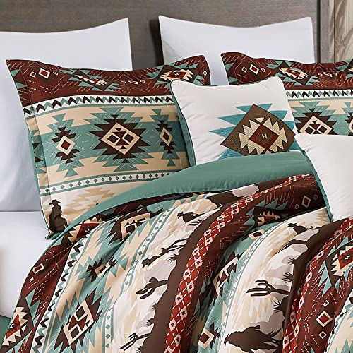 Chezmoi Collection Dune 7-Piece Southwestern Cowboys Aztec Comforter Set - Multicolor Teal Brown Beige Tan Red Printed Washed Microfiber Bedding, Full Chezmoi Collection