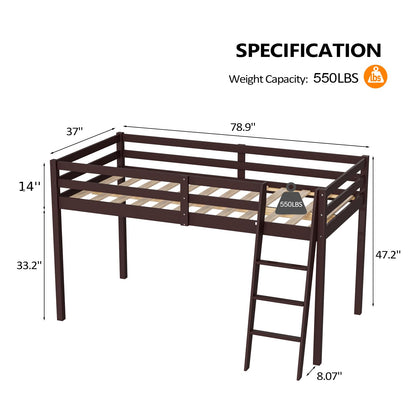 Bonnlo Twin Low Loft Bed with Inclined Stairs and High Guard Rail - Espresso Solid Wood Design - WoodArtSupply