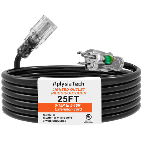 AplysiaTech 25 FT Black Outdoor Lighted Extension Cord 12/3 SJTW Heavy Duty Extension Cord with 3 Prong Grounded Plug for EV/RV,Home - UL Listed 15Amp EV Charger Level 1 Extension Cable AplysiaTech