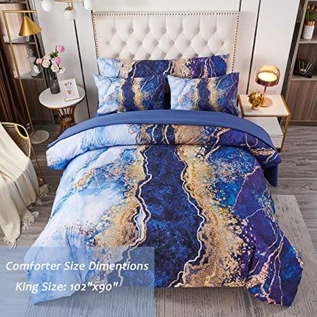 PERFEMET Watercolor Marble Pattern Comforter Sets Blue Tie Dye Bedding Set King Size 3D Printing Bed-in-A-Bag, Stylish Retro Artwork Quilt Set Durable Soft Bed Collections 6 Pieces(Blue,King Size) PERFEMET