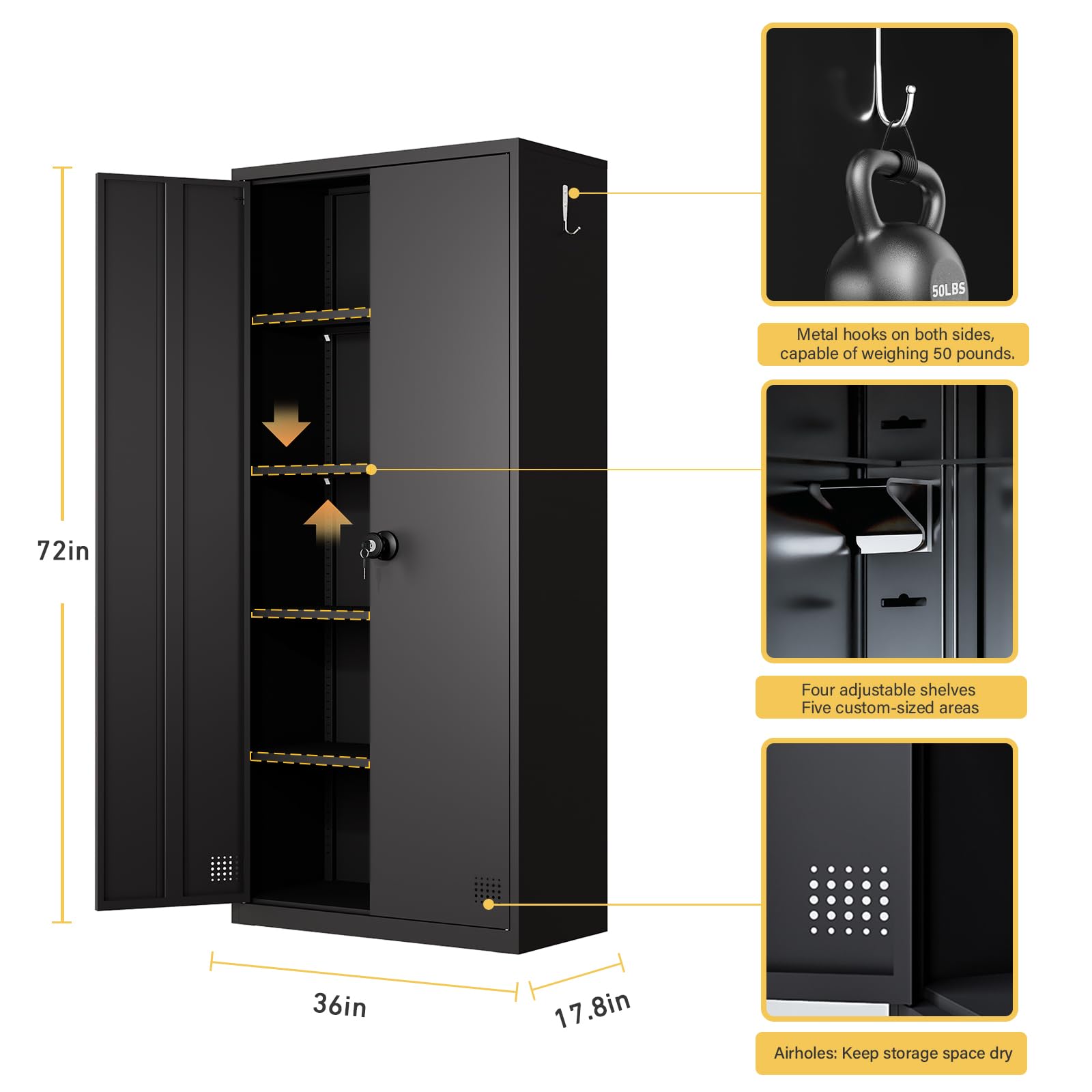 VKTO 72" Metal Storage Garage Cabinet,Steel Lockable File Cabinet with 2 Doors and 4 Adjustable Shelves - Ideal for Office, Home, Garage, Gym, and School Storage (72'') - WoodArtSupply