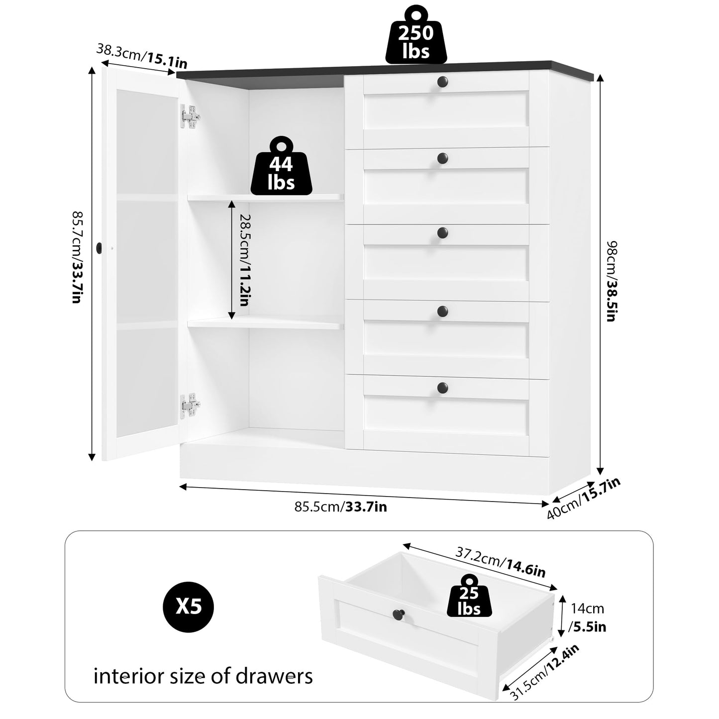 HOSTACK 5 Drawer Dresser with Door, White Storage Cabinet with Drawers and Shelves, Wide Wood Dresser, Modern Chest of Drawers Organizers for Living Room, Kitchen, Hallway - WoodArtSupply