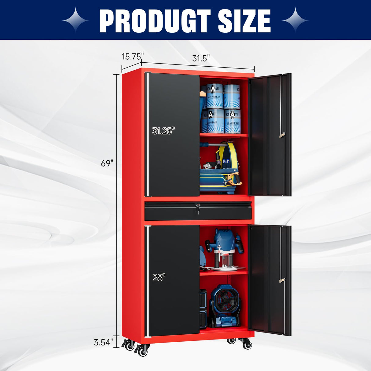 Yizosh Metal Garage Storage Cabinet with Locking Doors and Adjustable Shelves, Rolling Tool Storage Cabinet with 4 Wheels and 1 Drawer - 73" Steel Locking Cabinet for Garage, Warehouse (Red Black) Yizosh