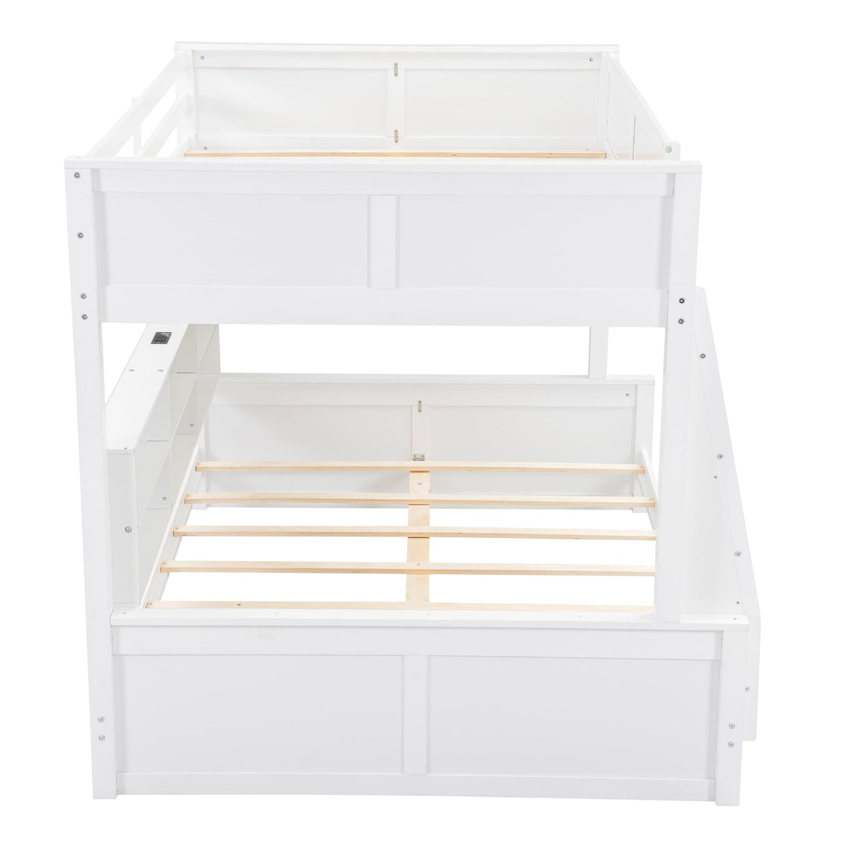 Twin XL Over Queen Bunk Bed with Storage Cabinets and USB Ports, Solid Pine Wood Frame, Safety Guard Rails, No Box Spring Needed (Antique White1, Twin XL Over Queen) RUNNA