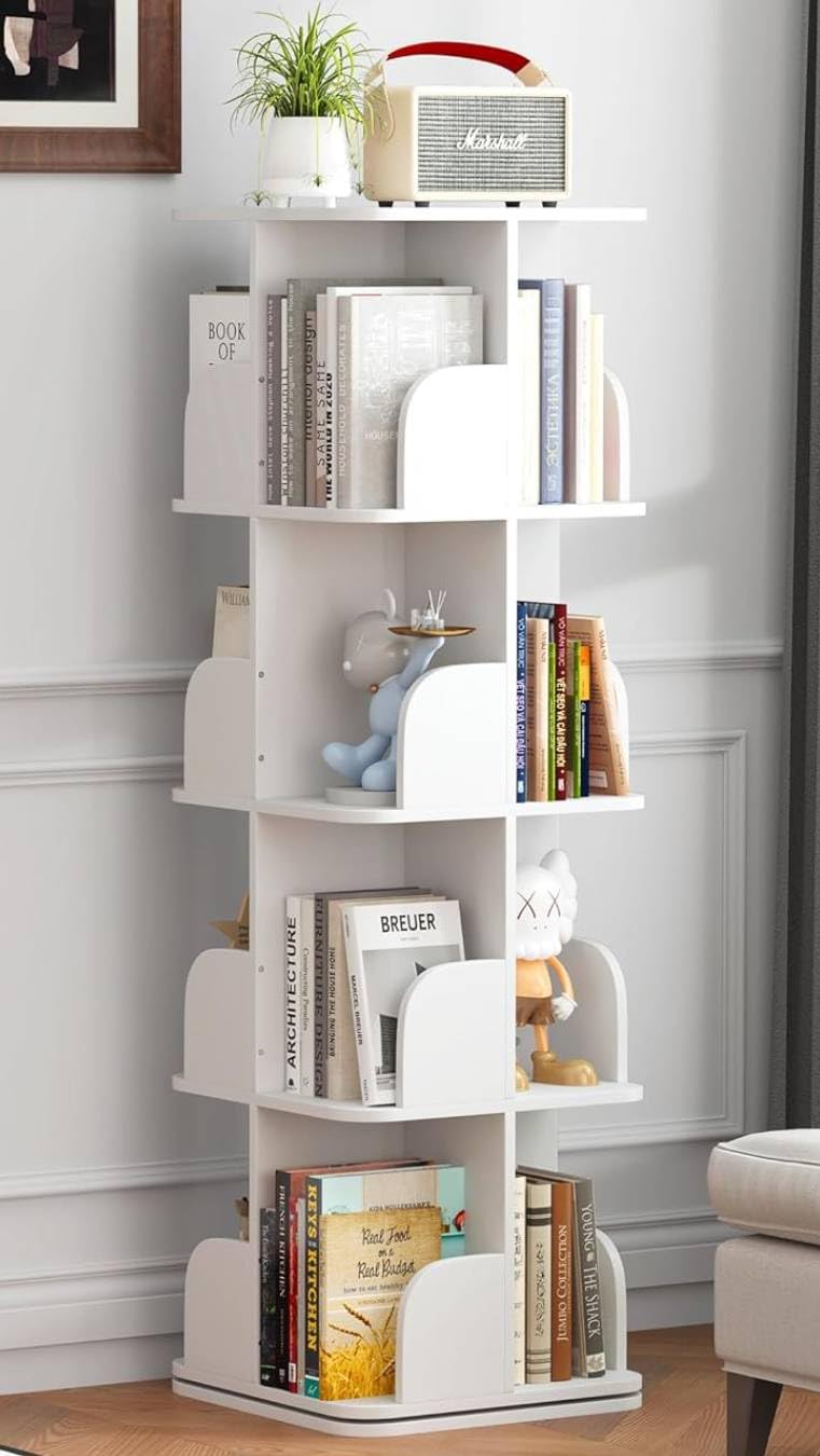Rotating Bookshelf Tower, 4 Tier Small Spinning Corner Bookshelf for Small Spaces, 360 Display Kids Bookshelves Floor Standing Bookcase Storage Rack Wood Book Shelf Organizer for Bedroom Room, White Turosur
