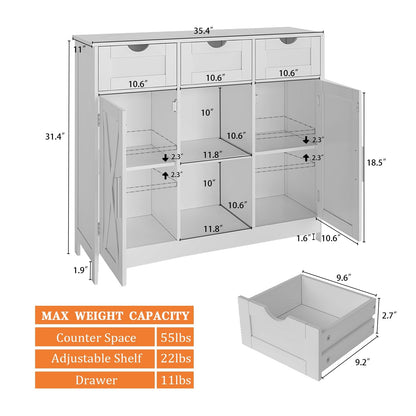 Viaozutis Storage Cabinet, Coffee Bar Cabinet with 2 Adjustable Shelves, 3 Drawers, and 2 Doors, for Bathroom, Kitchen, Living Room (White)