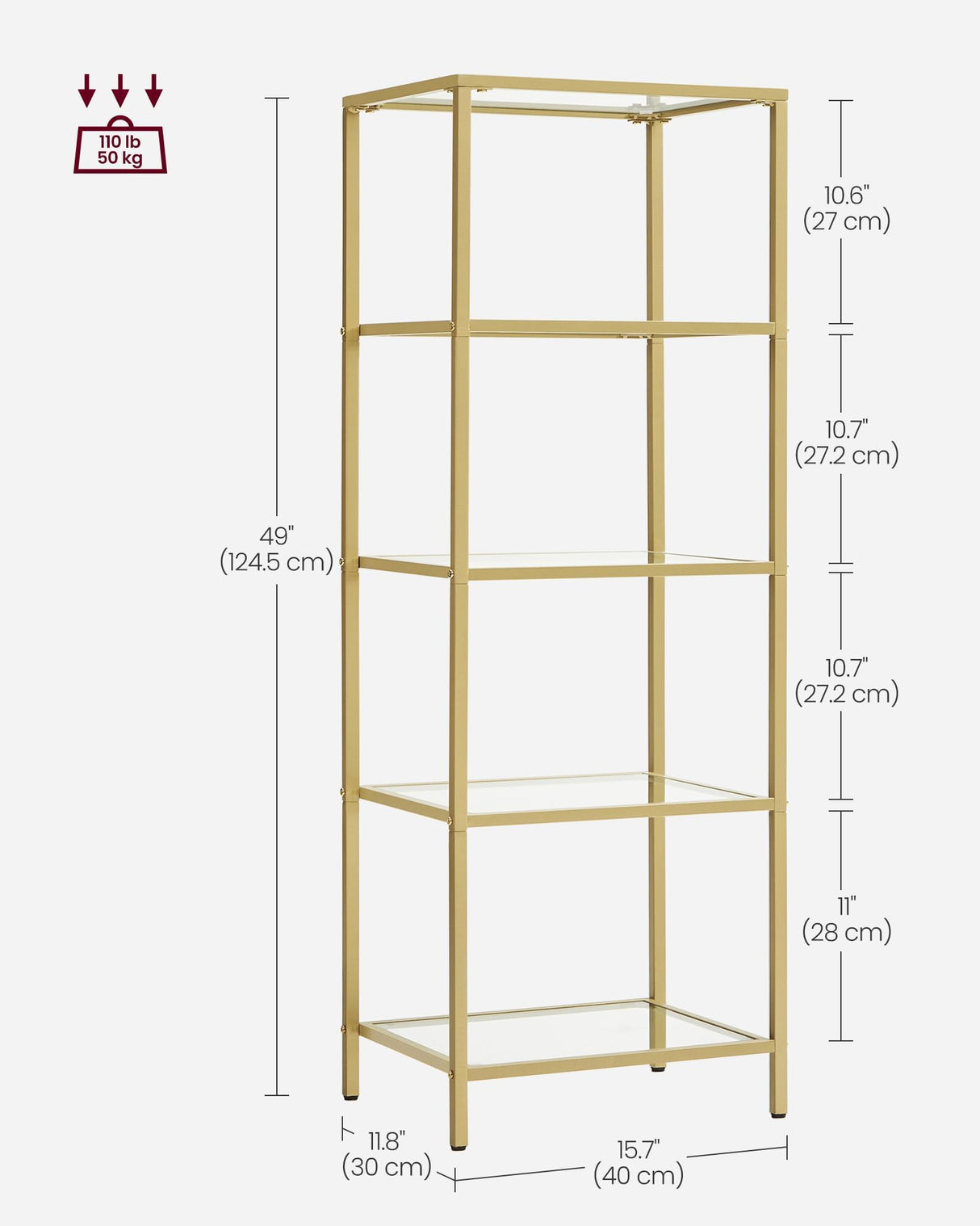 VASAGLE Bookcase, 5-Tier Bookshelf, Slim Shelving Unit for Bedroom, Bathroom, Home Office, Tempered Glass, Steel Frame, Metallic Gold ULGT029A01 VASAGLE