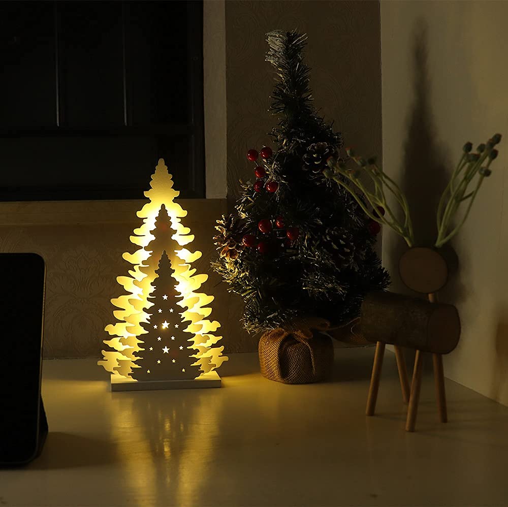 Wooden Christmas Tree Tabletop Decor, Supergorea,LED Wood Craft Christmas Trees Light 2AA Battery Powered 10 inch for Xmas Home Decorations(Indoor)