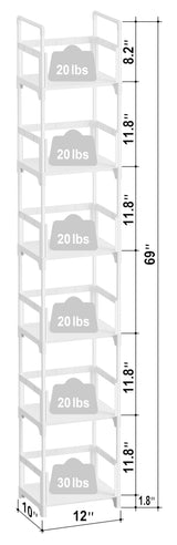 FIDUCIAL HOME 6 Tiers Tall Narrow Bookshelf Book Shelf Skinny White Bookcase Thin Slim Book Rack Storage Organizer Easy Assemble, Sturdy FIDUCIAL HOME