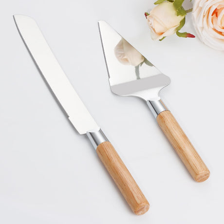 Cake Cutting Set for Wedding, Wood Cake Knife and Server Set, Vintage 2-Piece Pie Cutter Serving Set, Serrated Pizza Dessert Utensils, Bridal Anniversary Birthday Quinceañera Gift TUKDAK