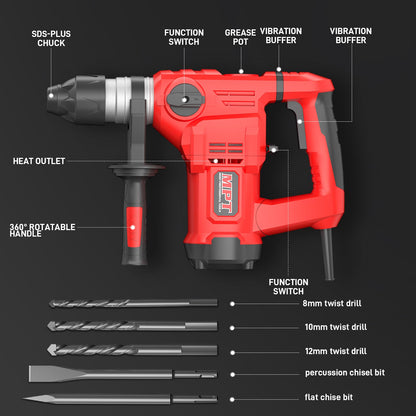 MPT 1-1/4 Inch SDS-Plus 13 Amp Heavy Duty Rotary Hammer Drill With Vibration Control And Safety Clutch,32mm For Concrete Including 5 Drill Bits,Point Chisel,Flat Chisel - WoodArtSupply