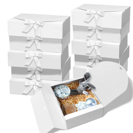 BoShahai 10 PCS Gift Boxes with Lids, 10.6x7.8x3.1 Inch Kraft Paper Gift Box, White with Ribbon, Bridesmaid Proposal Box for Wedding, Packaging, Present, Birthday, Cupcake BoShahai