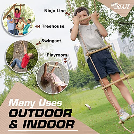 Wooden Climbing Rope Ladder for Kids - Kids Ninja Warrior Obstacle Course Accessories | Playset Rope Ladder for Swing Set Treehouse Bunkbed | Playground Ninja Obstacles Swing Rope Ladder Trailblaze