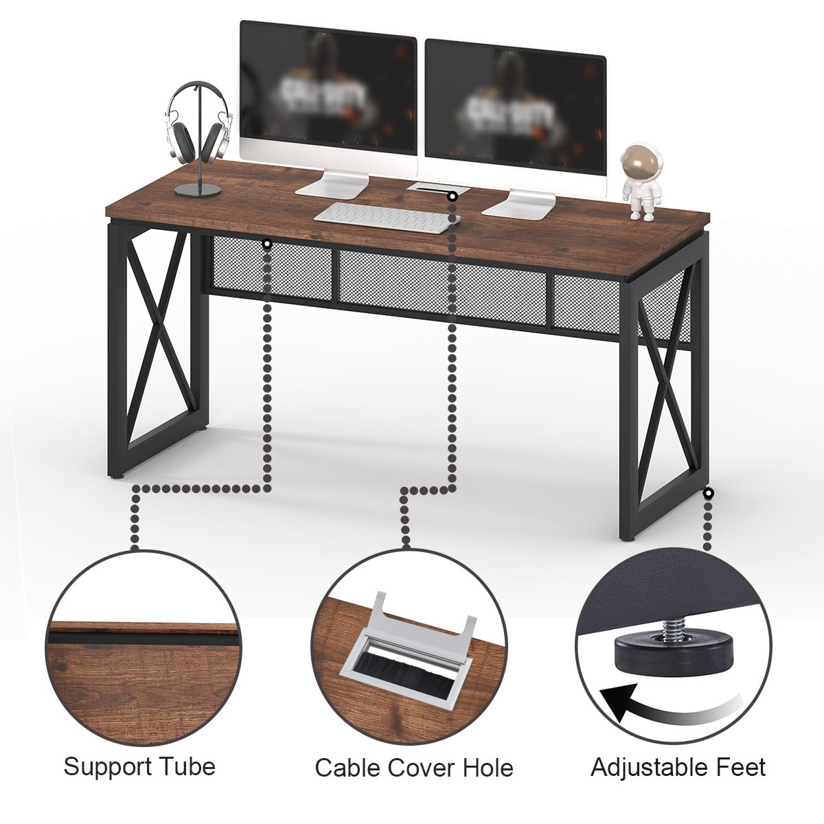 BON AUGURE 60 Inch Computer Desk for Home Office, Industrial Metal Wood Desk, Farmhouse Large Writing Desk, Modern Sturdy Gaming Desk (Rustic Oak) BON AUGURE