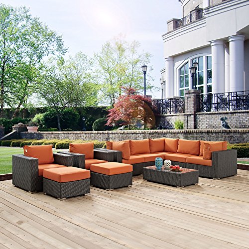 Modway Sojourn Wicker Rattan 10 Piece Outdoor Patio Sunbrella Sectional Set in Canvas Tuscan Modway