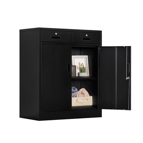 YEEZER Metal Storage Cabinet with 2 Drawers. Lockable Steel Storage Cabinet with Doors and Shelve, 37”H Office Cabinet for Home, Garage, Warehouse with Large Storage Space. (Black) YEEZER