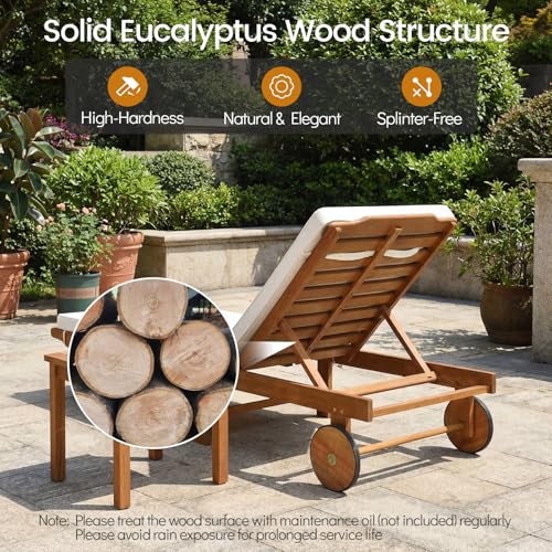 Tangkula Folding Lounge Chair Outdoor, Patio Eucalyptus Wood Chaise Lounge with 5-Level Adjustable Backrest & Cushions, Portable Beach Pool Sunbathing Recliner with Wheels for Outside (1,Off White)