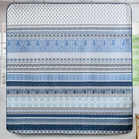 WONGS BEDDING Boho Quilt Set Queen Size, Navy Blue Bohemian 3 Pieces Quilt Sets, Lightweight Microfiber Bedspread Coverlet Bedding Set for All Season (96"x90") WONGS BEDDING