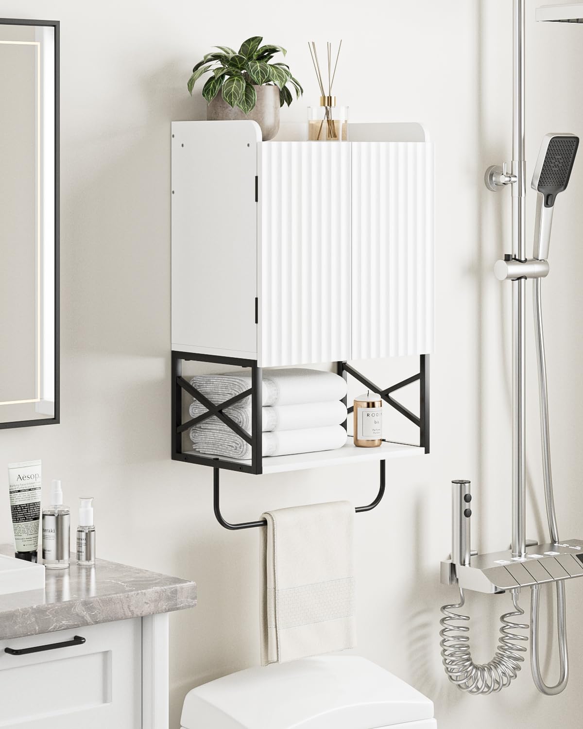 Masupu Fluted Bathroom Wall Cabinet, Small Hanging Bathroom Cabinet with Adjustable Shelf and Magnetic Latch Doors, Wood Wall Mounted Cabinets for Laundry, White Masupu