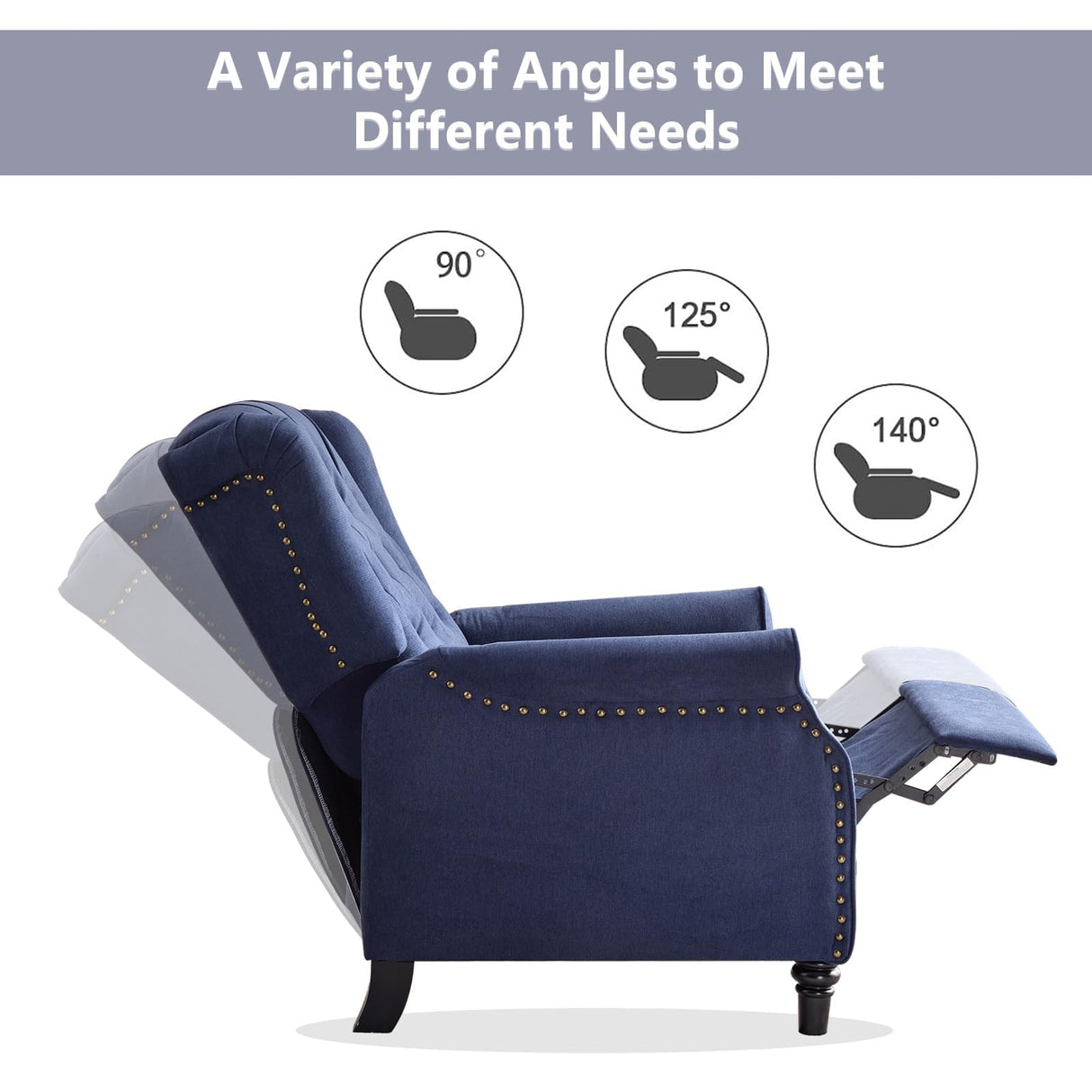 CANMOV Push Back Recliner Chair,Accent Chair, Mid Century Wingback Recliner, Fabric Push Back Recliner Chair Single Armchair Sofa with Rivet Decoration, Button-Tufted Back for Living Room,Dark Blue CANMOV