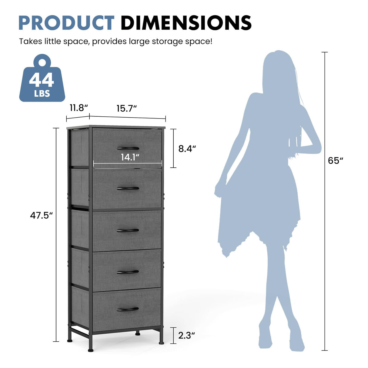 DUMOS Nightstand with 5 Drawers Bedside Table with Removable Fabric Bins Sturdy Steel Frame Wood Top Organizer Furniture for Bedroom Closet Living Room, Grey DUMOS