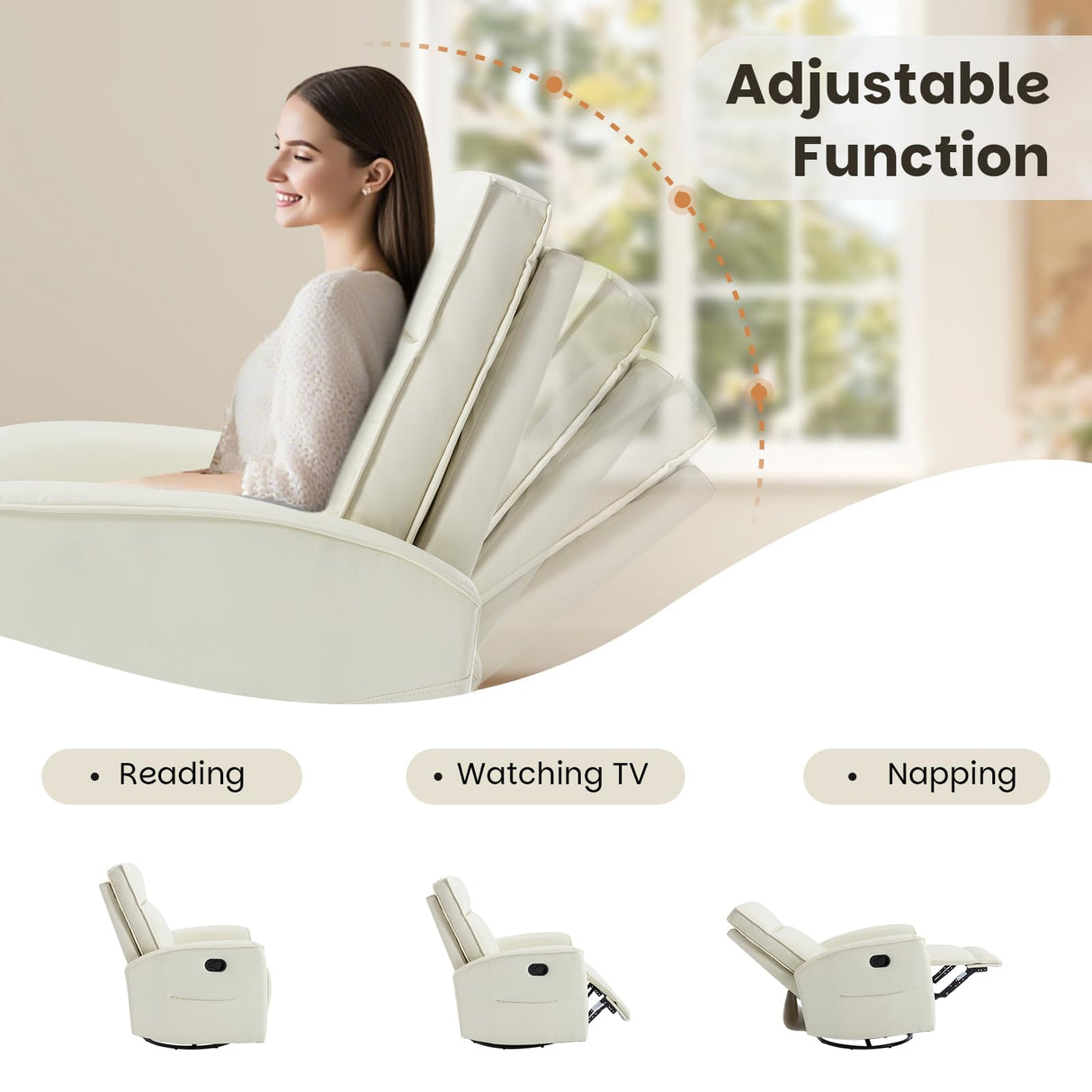 CANMOV Rocker Recliner Chair,360°Swivel Nursery Glider Recliner,Manual Recliner Sofa with Padded Armrest and Backrest,Leather Recliner for Small Spaces,Living Room,Bedroom,White CANMOV